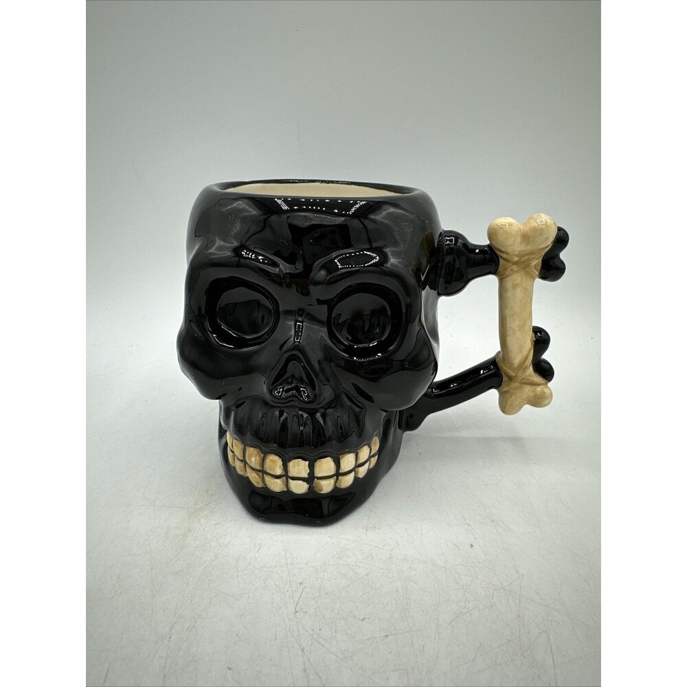 Halloween Skull Coffee Mug Skeleton Gothic Blue Sky Clayworks Black Bone Cup